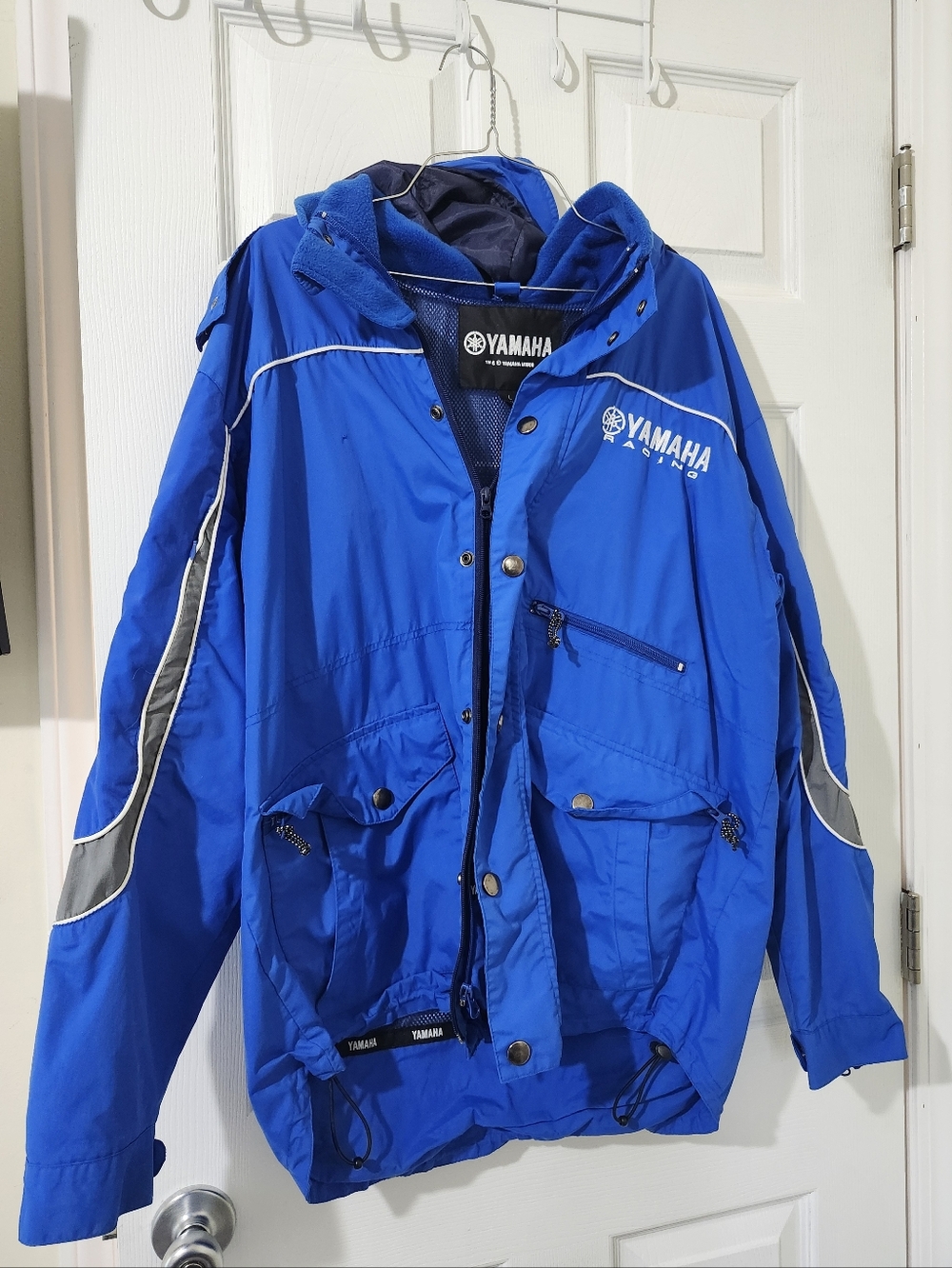 Men's Large Yamaha Racing Motor Blue Jacket Windbreaker Hood Zippered Pockets